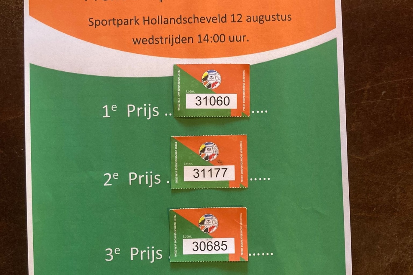 Uitslag verloting 1e wedstrijd Hollandscheveld 12-08-2023